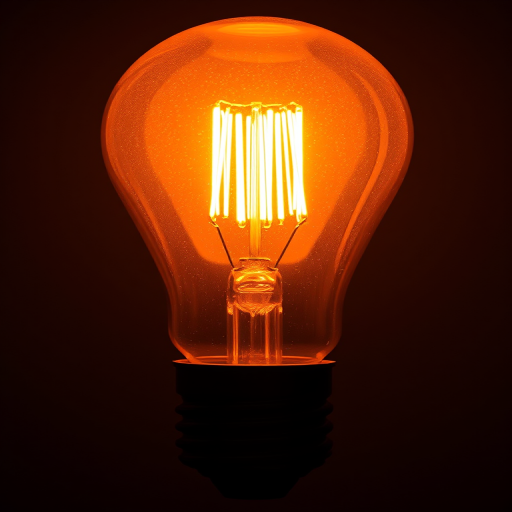 Create a high-resolution image of a glowing incandescent light bulb with a warm orange glow, using a Canon EOS 5D Mark IV, 50mm lens, f/2.8 aperture, ISO 100, and a soft-focus background for depth.