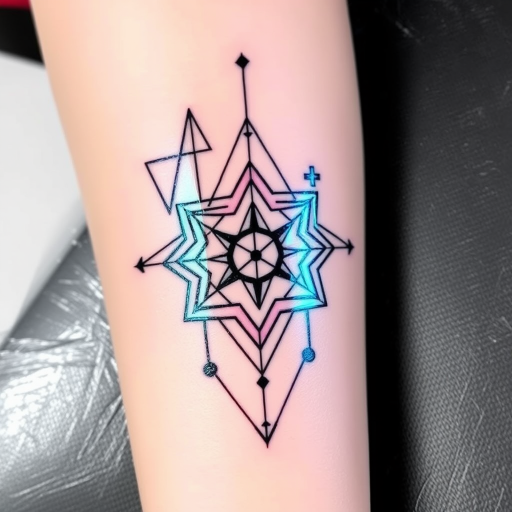 Holographic foil tattoo named "Prismatic Shift" designed to mimic the iridescent properties of holographic materials, featuring geometric shapes and abstract patterns that appear to change color and dimension as the viewing angle shifts