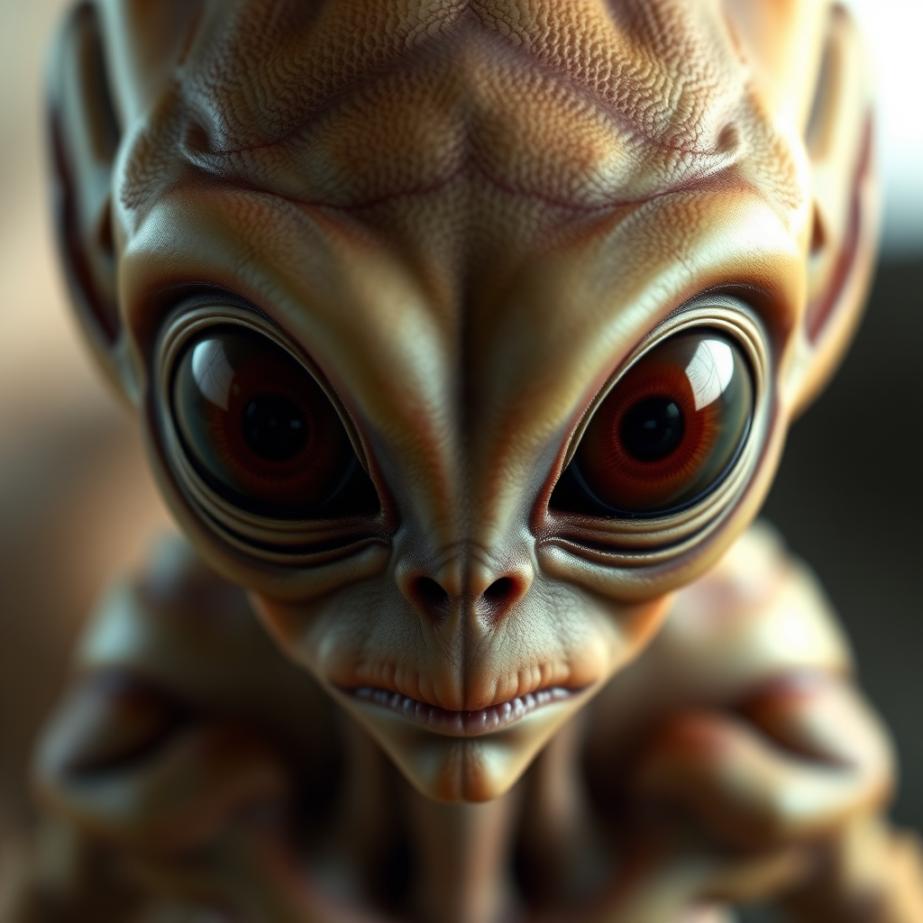 Generate an ultra-detailed 3D render of an alien with large expressive eyes, focused on its face, using a Canon EOS R5 with a 50mm lens at f/1.8, ISO 100, and a shallow depth of field to enhance background blur and image quality.
