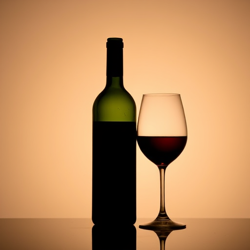 Create a high-contrast silhouette of a wine bottle and a wine glass on a plain background, using a 50mm lens, f/1.8 aperture, ISO 100, 1/200 sec shutter speed, shot with a DSLR camera in portrait orientation to enhance depth and detail.