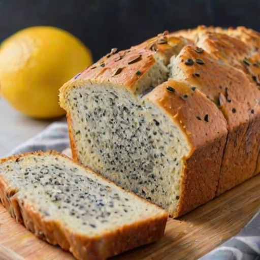 Create an image of a freshly baked loaf of lemon poppy seed bread, sliced to show the moist interior. The background should have soft natural lighting, with the loaf placed on a clean white cutting board.