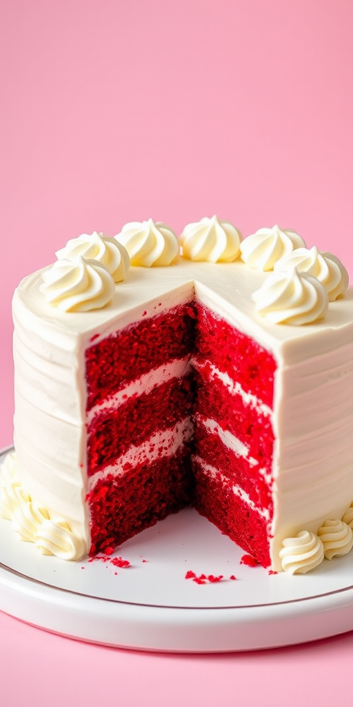 A beautifully decorated red velvet cake with white frosting and piped cream on top, showcasing a slice removed to reveal the layered interior, set against a soft pink background.