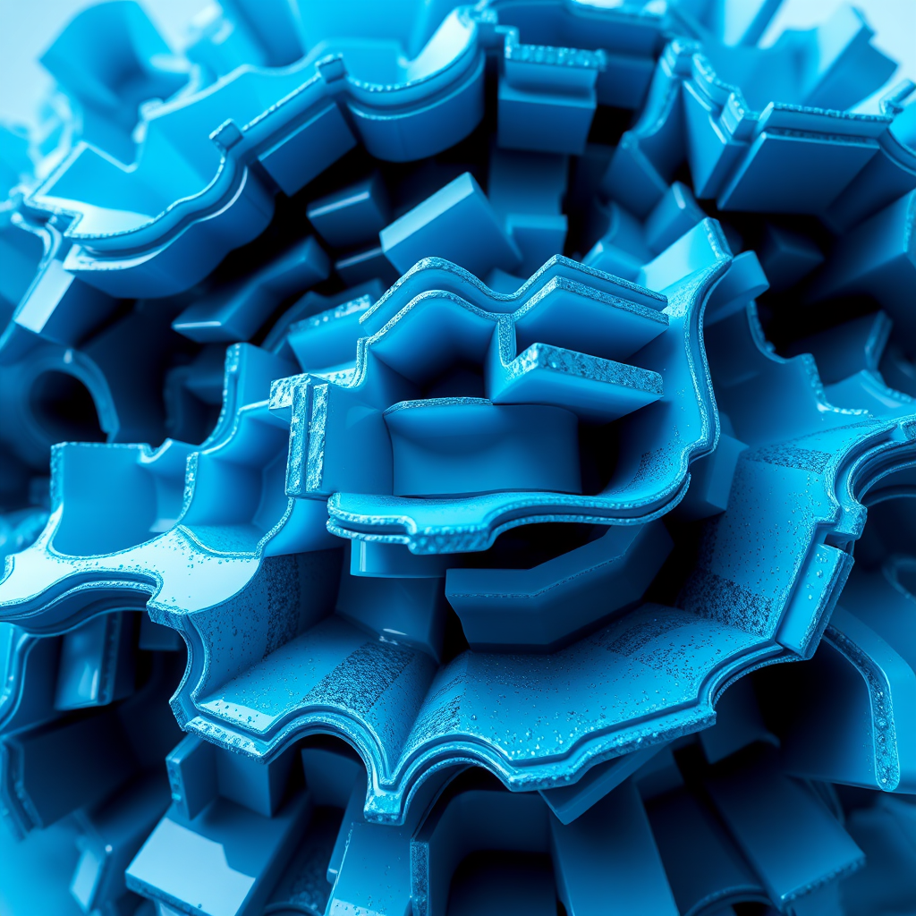hyper-realistic 3D abstract composition with layered structures and vibrant blue tones, captured with a DSLR camera at f/2.8, ISO 100, 24mm lens, wide-angle view, soft focus, high dynamic range imaging