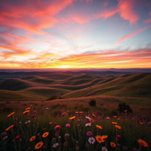 A serene landscape with rolling hills at sunrise, vibrant colors lighting the sky, foreground filled with wildflowers, shot with a Canon EOS R5, 24mm lens, f/8 aperture, ISO 100, golden hour lighting, wide-angle view for depth.