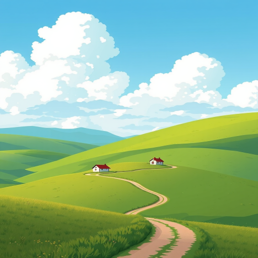 Create a serene landscape illustration featuring rolling green hills and a small house by a winding path under a bright blue sky with fluffy clouds, using a medium format camera at f/8 aperture, 50mm lens, natural lighting, and a soft pastel color palette.