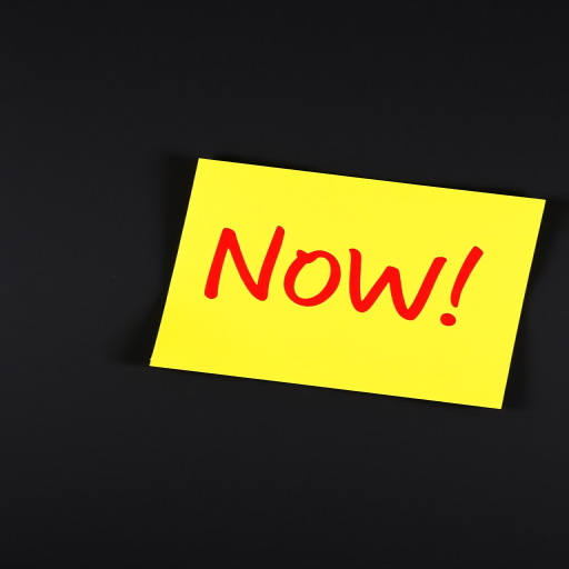 Generate an image of a bright yellow sticky note with the word NOW! in bold red letters, taken with a DSLR camera using a 50mm lens, aperture set to f/2.8, ISO 100, and a slight overhead angle for a clean background.