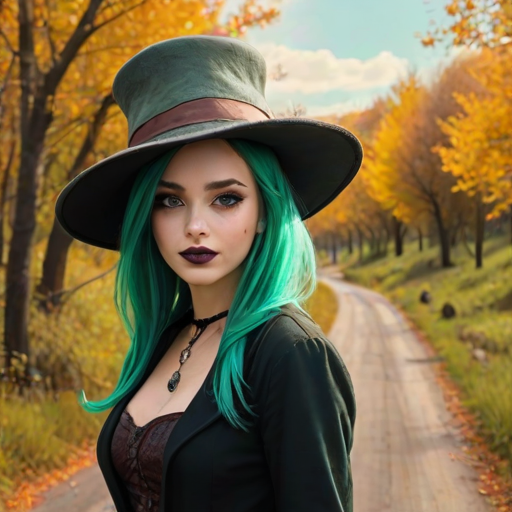 digital art fantasy depicting a strange girl with green hair, long eyelashes, brown lipstick and a tall hat walking along a winding road on an autumn afternoon, an Vaquita smiles as she passes