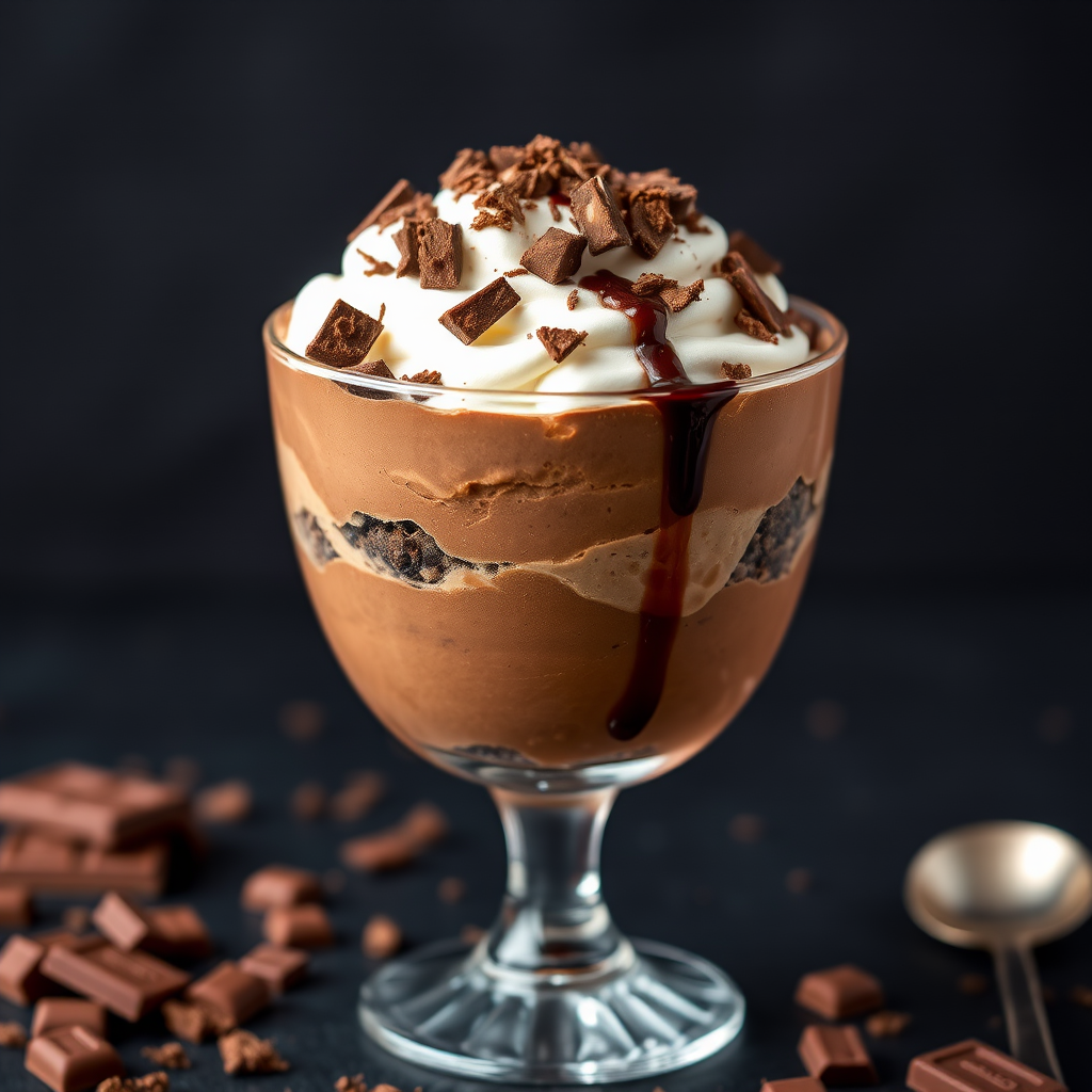 Create a rich and decadent chocolate dessert layered in a glass bowl featuring creamy chocolate mousse alternating with layers of whipped cream and chocolate chunks topped with chocolate shavings and a drizzle of chocolate sauce surrounded by pieces of chocolate and a spoon on a dark background.