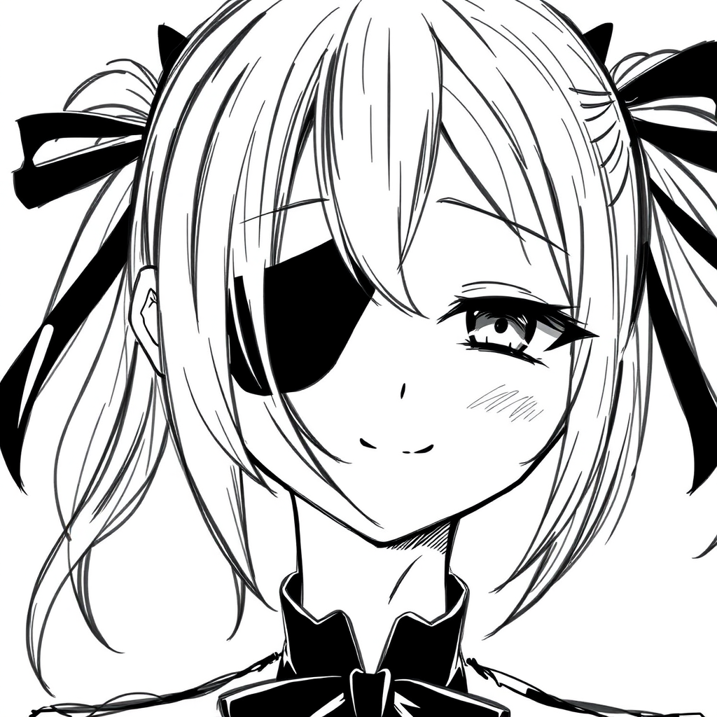 1girl, Best quality, quan,hyouuma,wanke,nikorashi-ka,sofra,you shimizu, voice actor connection, white background, looking at viewer, monochrome, hair between eyes, closed mouth, smile, cosplay, sketch, long hair, greyscale, eyepatch, twintails, low twintails, portrait, kagune (tokyo ghoul), solo, crossover, simple background,