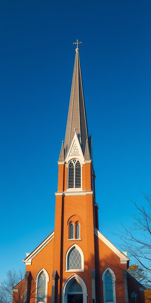 Create a detailed illustration of a tall church building with a prominent steeple, set against a clear blue sky, using a Canon EOS 5D Mark IV camera with a 24mm lens, aperture f/8, shutter speed 1/200 sec, and ISO 100, in a wide-angle view for enhanced perspective and clarity.