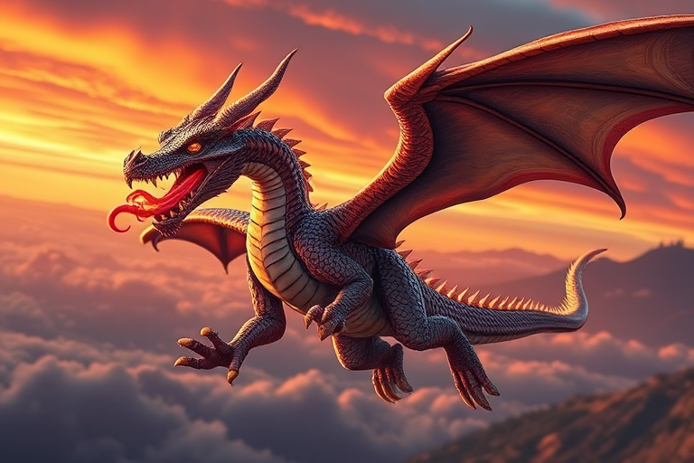Create a high-resolution illustration of a dragon, with intricate scales and fiery breath, set in a dynamic flying pose against a dramatic sunset sky, using a DSLR camera with a 50mm lens at f/2.8, ISO 100, and a shutter speed of 1/200s, in portrait orientation with a vibrant color palette.