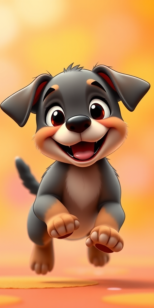 a cute cartoon puppy with big expressive eyes and a happy smile, jumping joyfully in a bright, colorful background, captured using a DSLR camera with a 50mm lens, aperture f/1.8, ISO 200, in natural light, front view with soft focus background