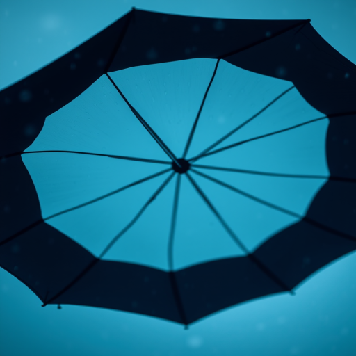 black umbrella on a light blue background with falling raindrops and a slight bokeh effect, shot with a DSLR camera at f/2.8 aperture, 50mm lens, ISO 100, shutter speed 1/200s, overhead view, high contrast and vibrant colors for enhanced clarity
