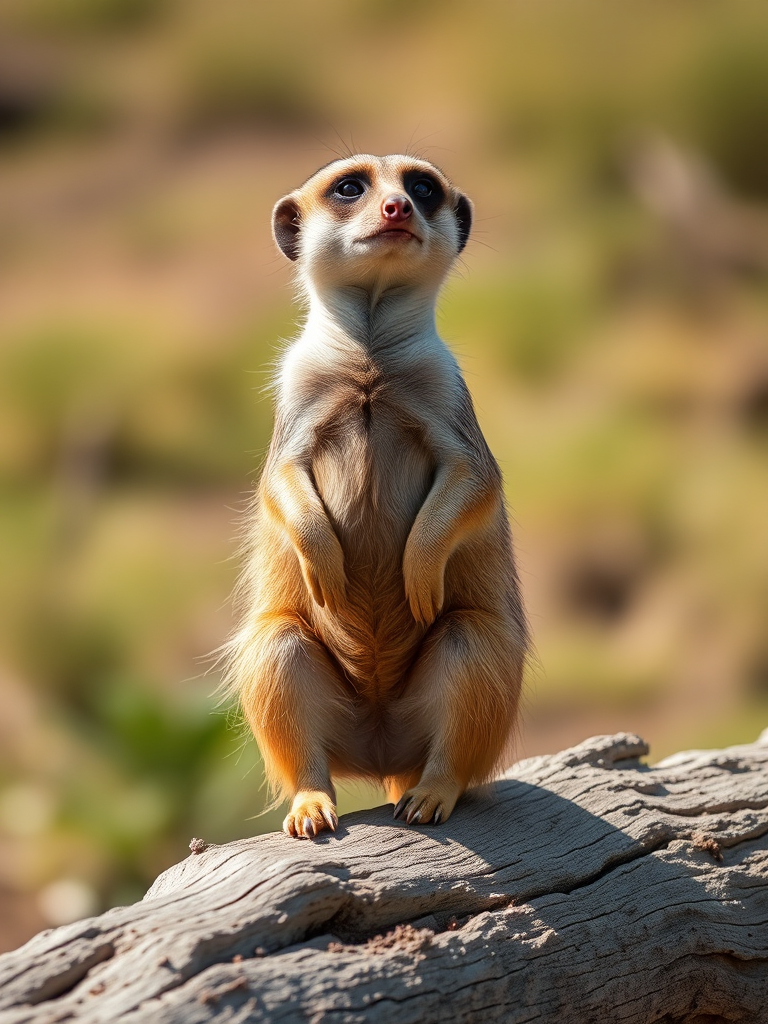 meerkat standing on a log in a natural setting with a soft-focus background, captured with a Canon EOS R5, 85mm lens, aperture f/2.8, ISO 100, 1/500s, shallow depth of field, outdoor lighting
