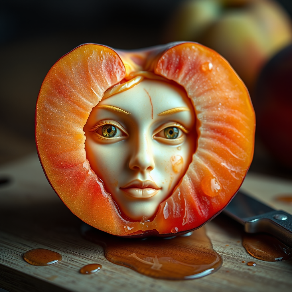 A hyperdetailed photorealistic macro color saturated high resolution image of a peach cut in half, with the peach pit being a highly detailed sculpted woman's face with her eyes open and peach-colored irises. The face has a marble texture. The image includes condensation, moisture, and peach juice. The peach is on a wooden cutting board with a small fruit knife nearby, also covered with juice.
