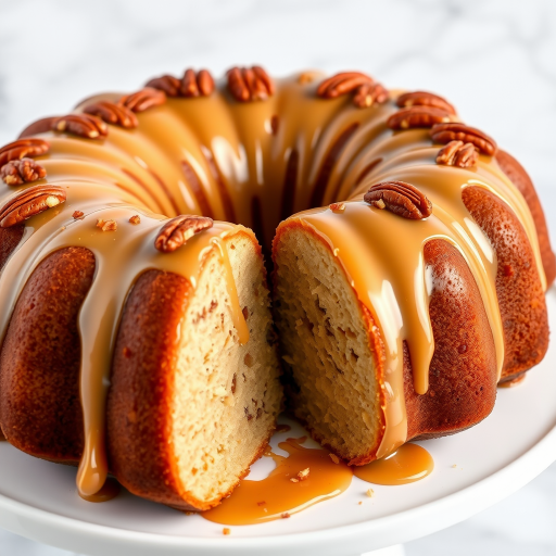 Create an image of a bundt cake with a glossy caramel glaze drizzled over the top and topped with pecans. The cake should be partially sliced to reveal its moist interior, and it should be placed on a white cake stand with a marble background. The scene should be bright and inviting, emphasizing the delicious details of the cake.