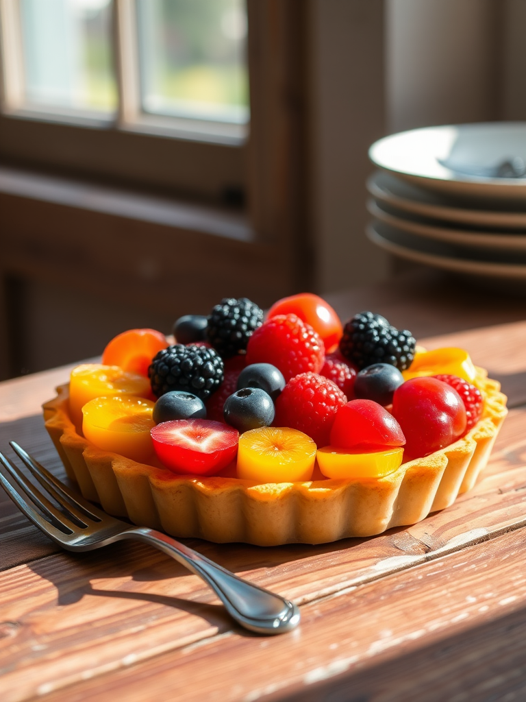 Warmly lit photo of a colorful fruit tart on a rustic wooden table, with soft natural light highlighting the glossy fruit and a fork resting beside it.