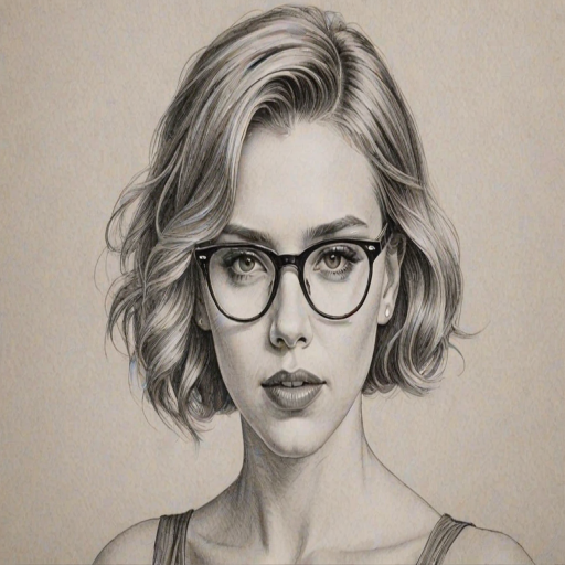 Wonderful Scarlett Johansson, pencil sketch, portrait of Bewitching woman 1920s in glasses, hair style beatnik, outline, clear lines, fine lines, 8k