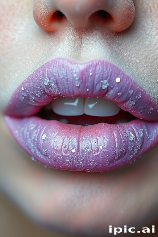 Striking depiction of frosted lavender lips with a sparkling overlay, showcasing a whimsical and ethereal quality in crystal-clear focus