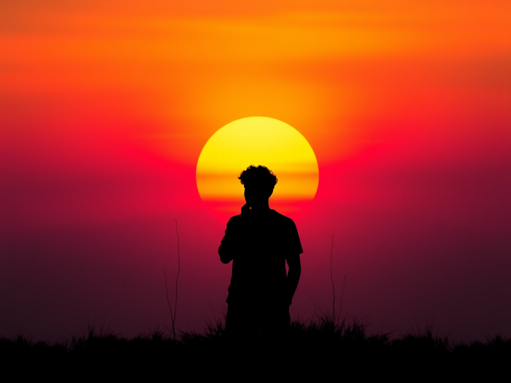 Generate a high-quality illustration of a black silhouette of a person standing in a thoughtful pose against a vibrant sunset background with colors blending from orange to purple, captured with a DSLR camera at f/2.8 aperture, 1/125 sec shutter speed, ISO 200, using a wide-angle lens, focusing on the silhouette and softening the background.