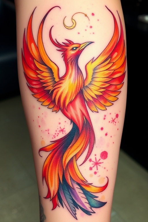 Vibrant watercolor phoenix tattoo featuring swirling hues of orange, red, and purple, rising from ashes with intricate feather details and golden accents, symbolizing rebirth and transformation in a painterly style