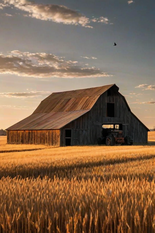 High-contrast image of an old barn in a field of golden wheat, sunset casting long shadows, the roof weathered and worn, a rusty tractor parked nearby, birds flying overhead, a soft breeze visible in the movement of the wheat.