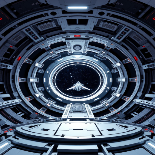Create a high-resolution 3D rendering of a futuristic space station, featuring a circular rotation design and a spaceship entering through a central opening, with a starry background, captured using a DSLR camera at f/8 aperture, ISO 100, 1/125 sec shutter speed, wide-angle lens, and a dynamic view from slightly below the axis of the station.