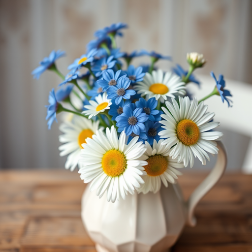 Generate a high-resolution image of a bouquet of daisies and blue cornflowers in a vintage ceramic pitcher, soft focus background, natural lighting, shot from a slightly elevated angle, using a DSLR camera with a 50mm lens, aperture set to f/2.8, ISO 200, and shutter speed of 1/125 sec.