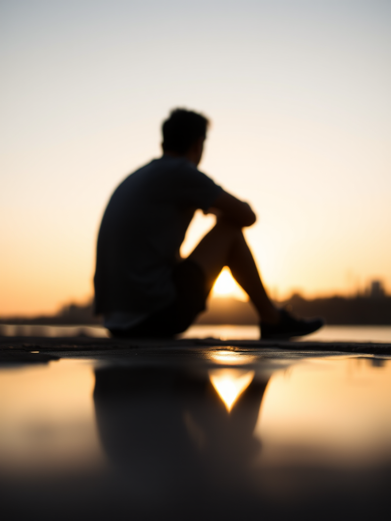 capture a silhouette of a person sitting by the water during golden hour with a soft bokeh effect, use a 50mm f/1.8 lens, aperture f/2.8, shutter speed 1/200s, ISO 100, natural light, shot from a low angle to emphasize the reflection in the water