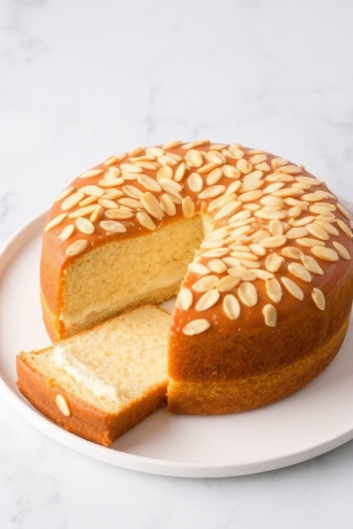 A round cake with a glossy almond topping sliced to show creamy layers inside placed on a white plate against a marble background.