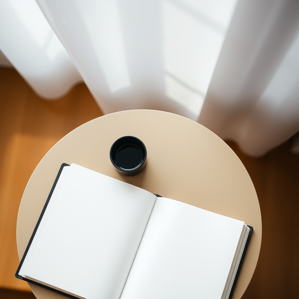 open blank book on a minimalist table with soft natural lighting, camera settings: ISO 100, f/2.8, shutter speed 1/125s, camera view: top-down, camera style: shallow depth of field, camera type: DSLR