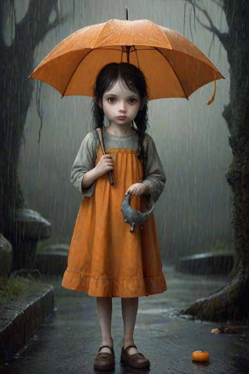 An eerie, weird little girl with dark hair in thin pigtails, wearing a smock dress, standing in the rain, holding a dirty orange umbrella, a small, odd creature beside her. In a surreal style inspired by Nicoletta Ceccoli and Brian Froud. Dark fantasy themes