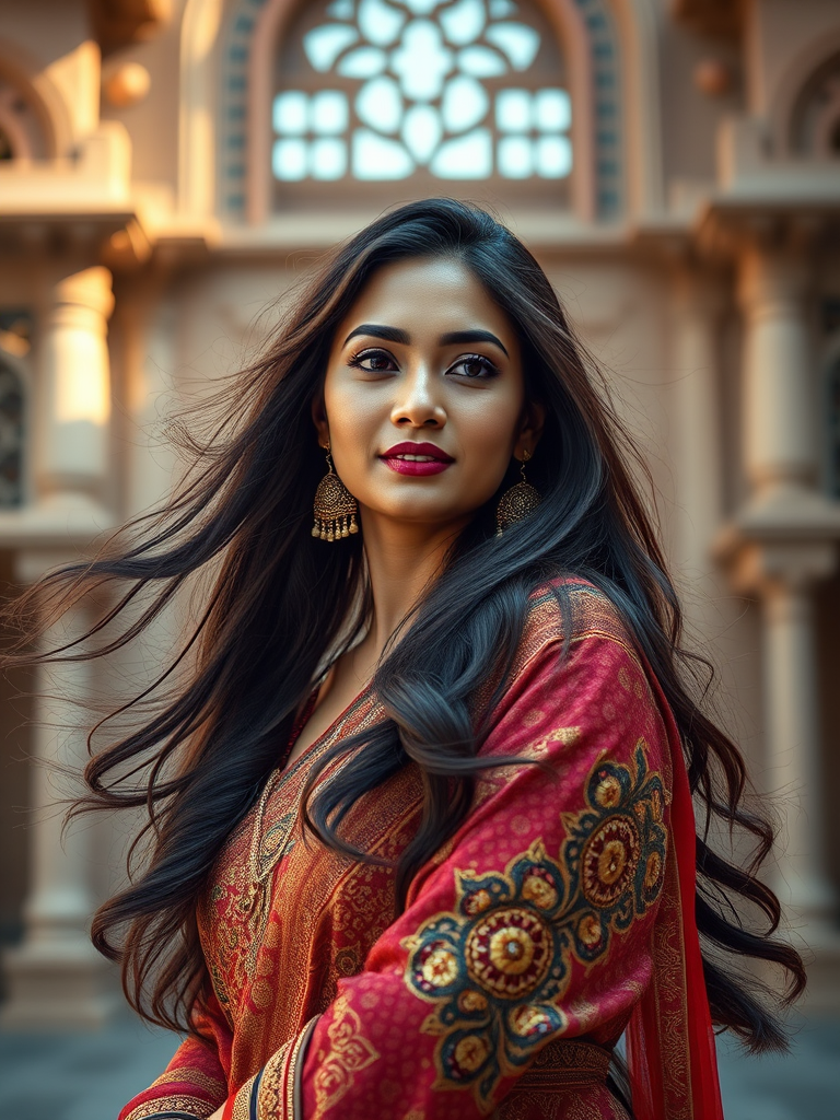 Create a highly detailed portrait of a confident woman in traditional attire, with long flowing hair and a captivating pose, set against a stunning architectural background, using a Canon EOS R5 with a 50mm f/1.2 lens, aperture set to f/1.8 for a shallow depth of field, ISO 100 for crisp detail, natural diffuse lighting for a warm glow, shooting at eye level for an intimate perspective.