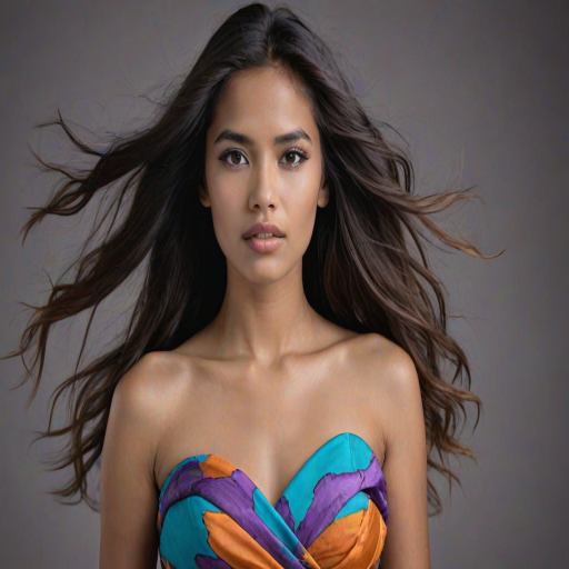 Photographic image of a beautiful young Guarani woman, white eyes, lips with cyan lipstick, long hair fluttering in the wind and wearing a silk strapless dress with a soft purple and orange print. monochrome image with only color highlights in the iris of the eyes, lipstick and dress. Gray background.