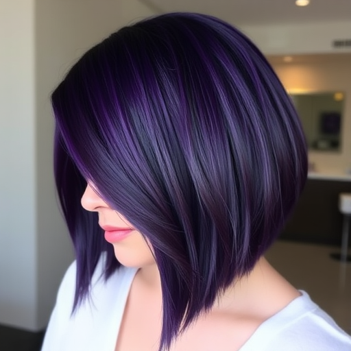 Deep violet hair color styled in a sleek, asymmetrical lob with side-swept bangs, the Amethyst Edge cut combines elegance with edgy sophistication