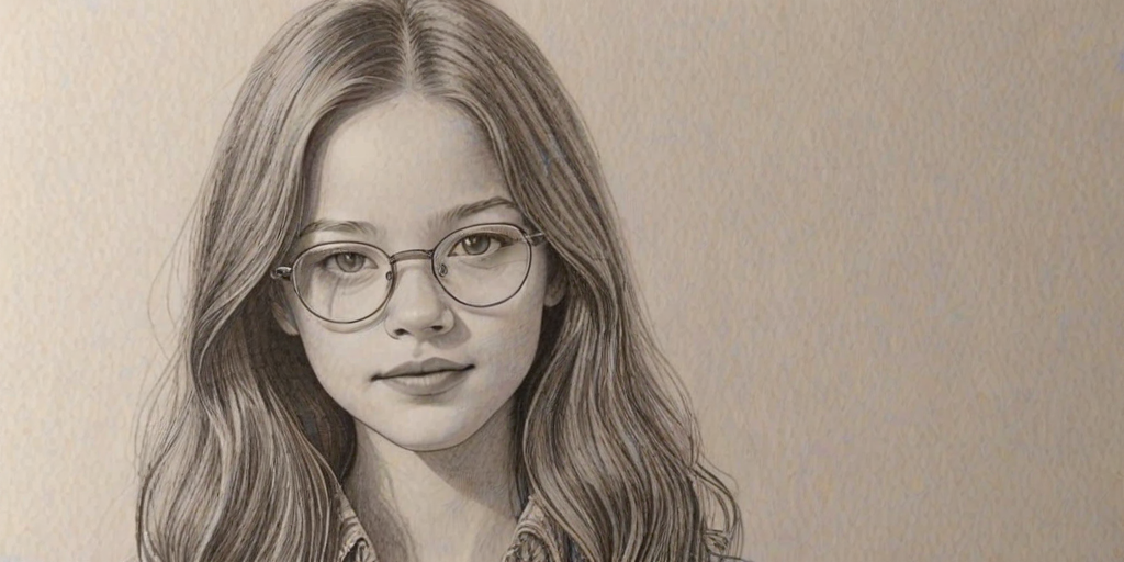 Captivating Mackenzie Foy, pencil sketch, portrait of Enticing woman 1977s in glasses, hair style beatnik, outline, clear lines, fine lines, 8k