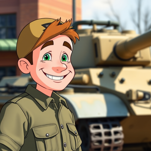 Create a cartoonish image of a smiling soldier standing next to a tank in a vibrant, detailed style with a 50mm lens, f/8 aperture, 1/125s shutter speed, and bright, natural lighting.