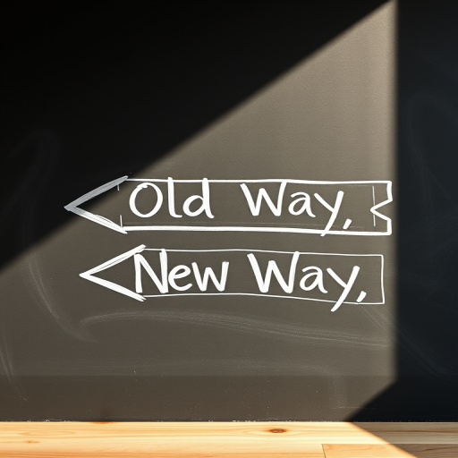 Create a highly detailed image of a chalkboard sign with two arrows pointing in opposite directions labeled "Old Way" and "New Way," using a shallow depth of field, f-stop 2.8, ISO 100, 50mm lens, natural lighting, and a studio camera to enhance clarity and texture.