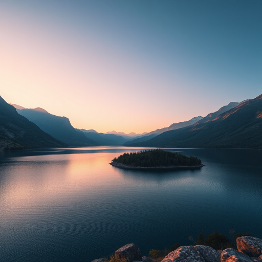 Create a high-resolution image of a serene landscape featuring a tranquil lake surrounded by mountains during sunset, captured with a Canon EOS R5 at f/8, ISO 100, 100mm lens, using a wide-angle perspective to emphasize the scenery.