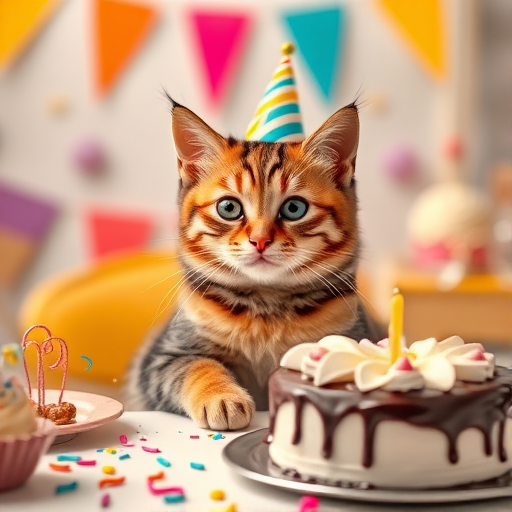 A cute cat wearing a birthday hat sitting at a table with a birthday cake featuring a candle on it surrounded by colorful food decorations and a festive atmosphere