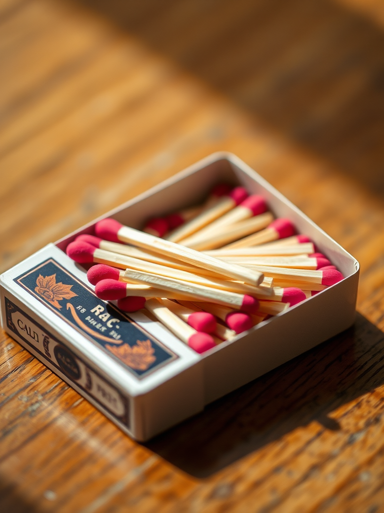 Create a realistic image of a matchbox with matches, using a macro lens, 50mm focal length, f/2.8 aperture, natural light, and a slight overhead shot to enhance detail and texture.
