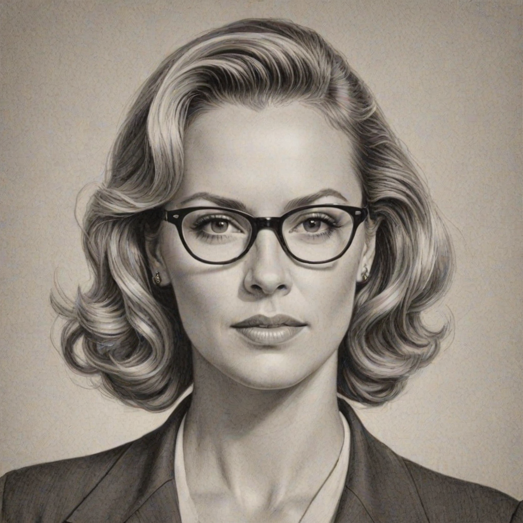 Ravishing Andrea Anders, pencil sketch, portrait of Wonderful woman 1942s in glasses, hair style beatnik, outline, clear lines, fine lines, 8k