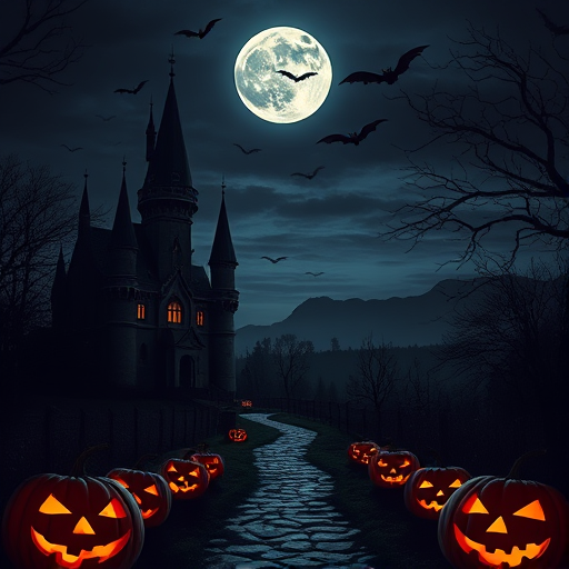 Create a dark, enchanting Halloween scene featuring a spooky castle, a full moon, bats flying in the sky, a winding pathway, and carved pumpkins in the foreground, captured with a DSLR camera at f/8 aperture, ISO 200, 24mm focal length, and a twilight setting for rich colors and sharp details.