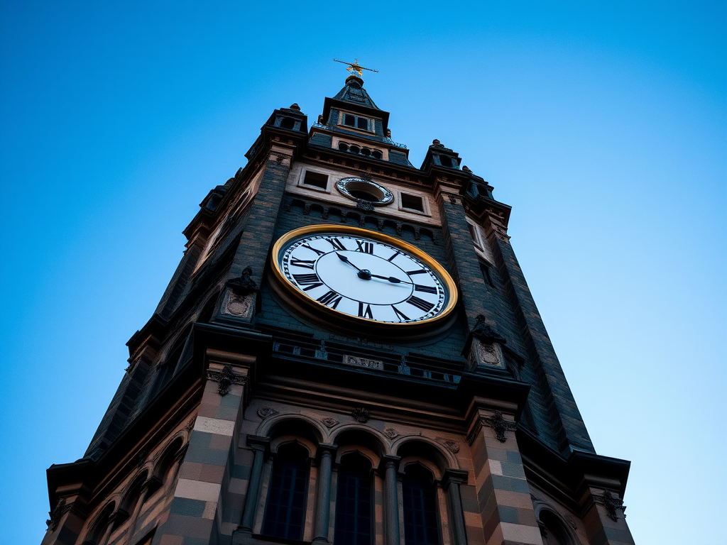 regenerate an image of a historic clock tower in a clear blue sky, capturing intricate architectural details, using a DSLR camera with a 35mm lens, aperture set to f/8, ISO 100, and a slight tilt-shift effect for depth.