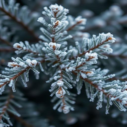 Capture a close-up view of frosted evergreen branches with shallow depth of field, using a DSLR camera at f/2.8 aperture, ISO 100, and 50mm lens, in soft natural light for enhanced texture and detail.
