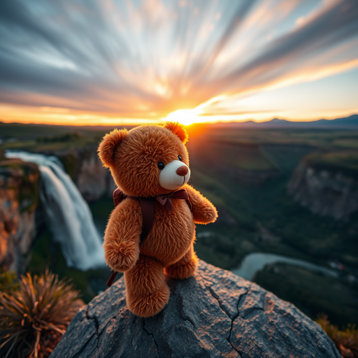 A teddy bear with a backpack standing on a rock overlooking a majestic waterfall and mountains during sunset, captured with a Canon EOS R5, EF 24-70mm f/2.8L IS USM lens, aperture f/8, ISO 100, 1/200 sec, wide-angle view, vibrant colors, high dynamic range.