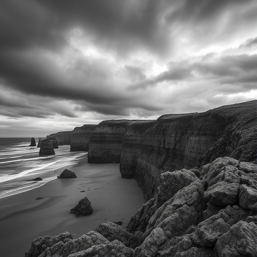 Generate a dramatic black and white landscape image of rugged cliffs alongside a beach under an ominous sky, capturing the textures of the rock formations, using a DSLR camera, aperture f/8, shutter speed 1/125s, ISO 200, wide-angle lens, and capturing it from a low angle for depth.
