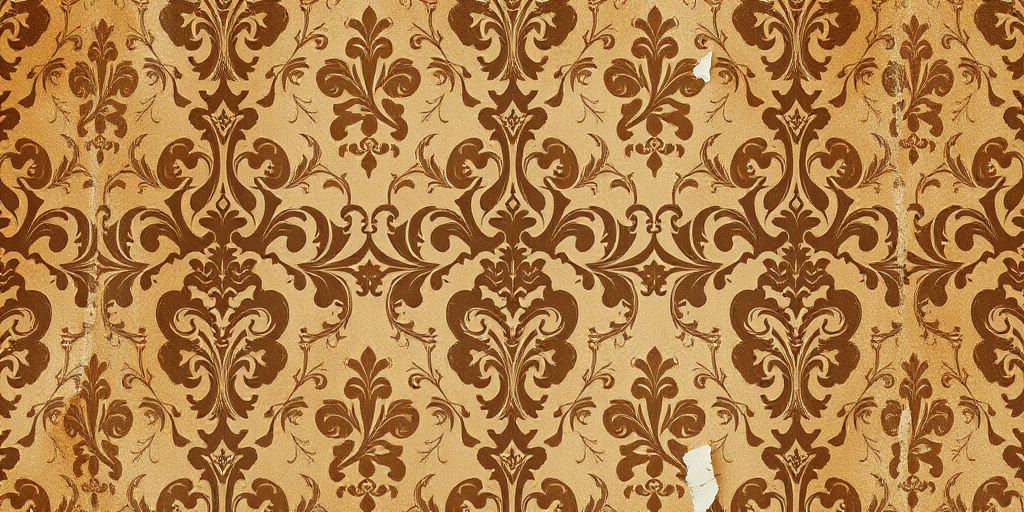 Create a vintage textured wallpaper background with intricate damask patterns and peeling edges, use a Canon EOS 5D Mark IV, 50mm lens, f/1.8 aperture, ISO 100, and natural soft lighting to enhance details and reduce noise.
