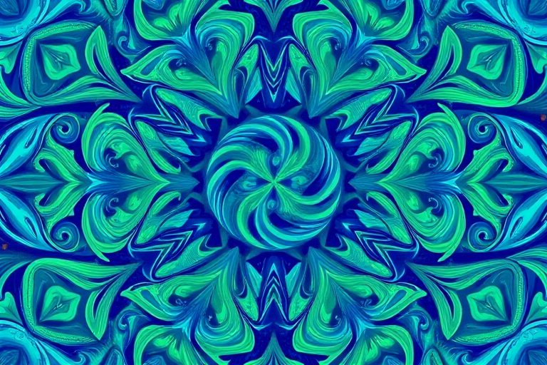 Create an abstract pattern design featuring swirling shapes and geometric forms in blue and green tones with intricate details and textures captured using a DSLR camera, 50mm lens, f/2.8 aperture, ISO 200, soft natural lighting for enhanced vibrancy and clarity.