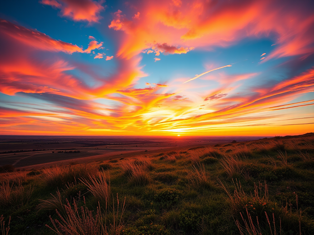 create a high-resolution image of a serene landscape at sunset with vibrant colors in the sky, using a DSLR camera set to ISO 100, aperture f/8, shutter speed 1/125 sec, captured from a wide-angle view with a 24mm lens for enhanced depth and clarity